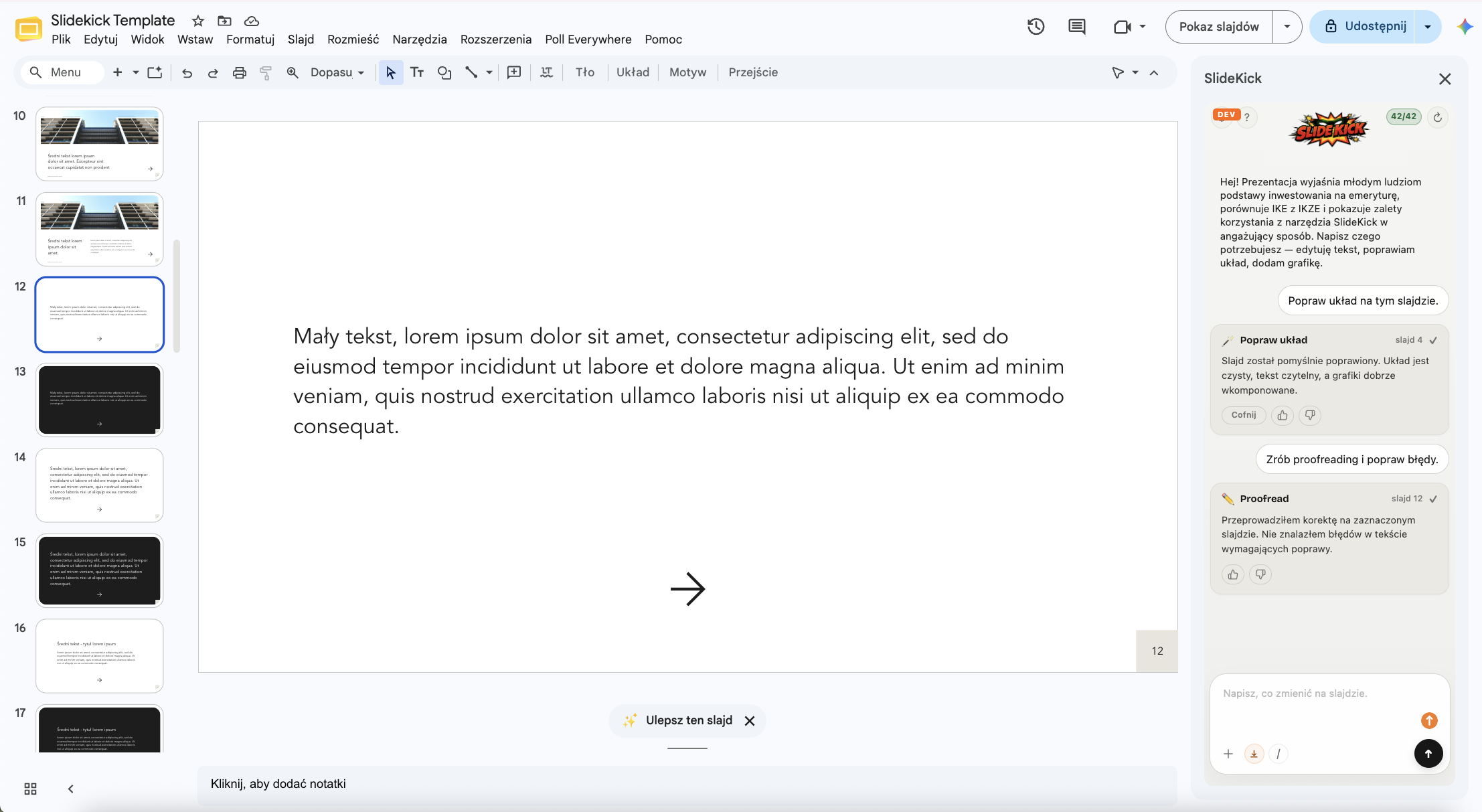 SlideKick sidebar fixing layout and proofreading a live Google Slides deck