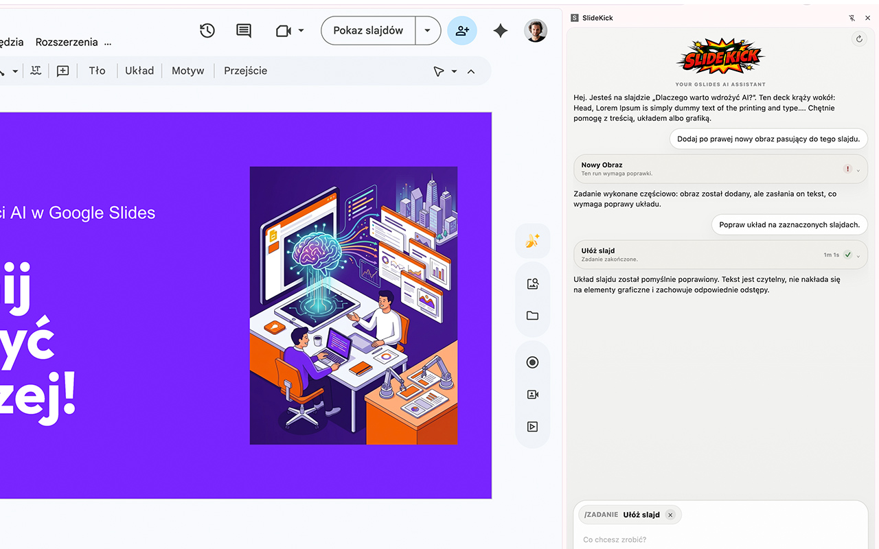 SlideKick sidebar editing a Google Slides deck