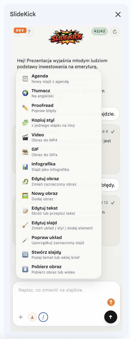 SlideKick task menu — translate, proofread, video, infographic and more