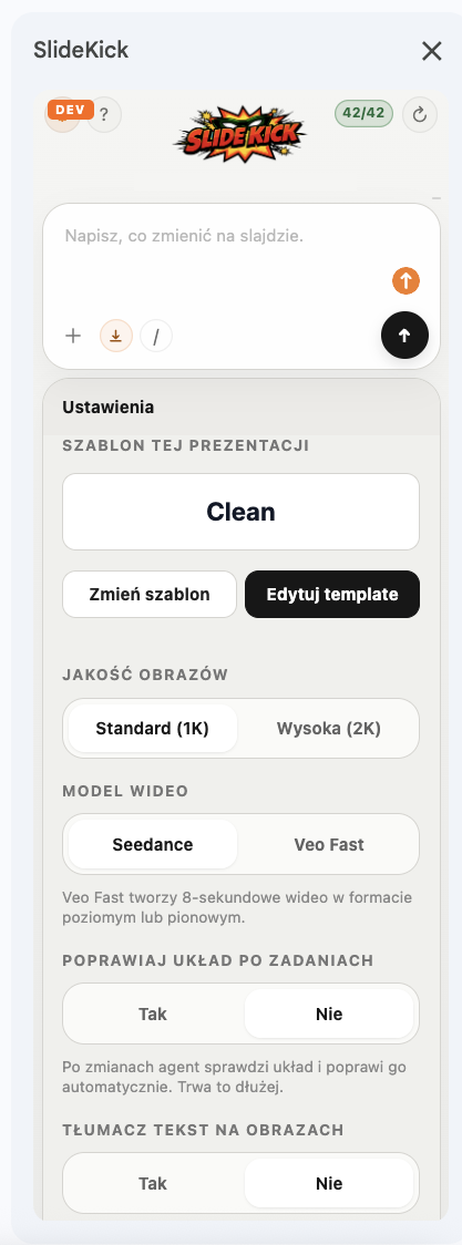 SlideKick settings — template, image quality, video model